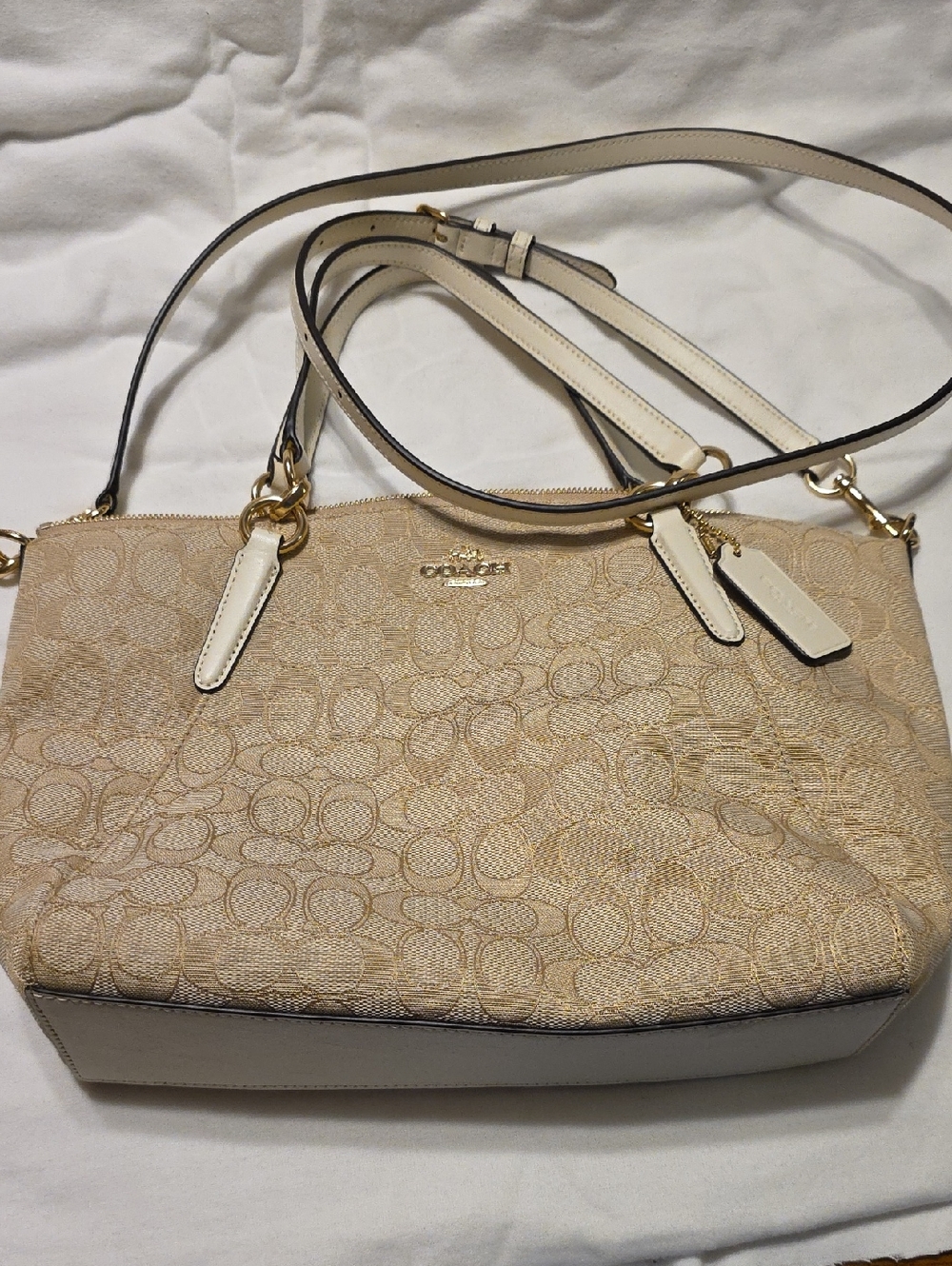 Coach Beige Signature Jacquard Shoulder Bag with Cream Trim